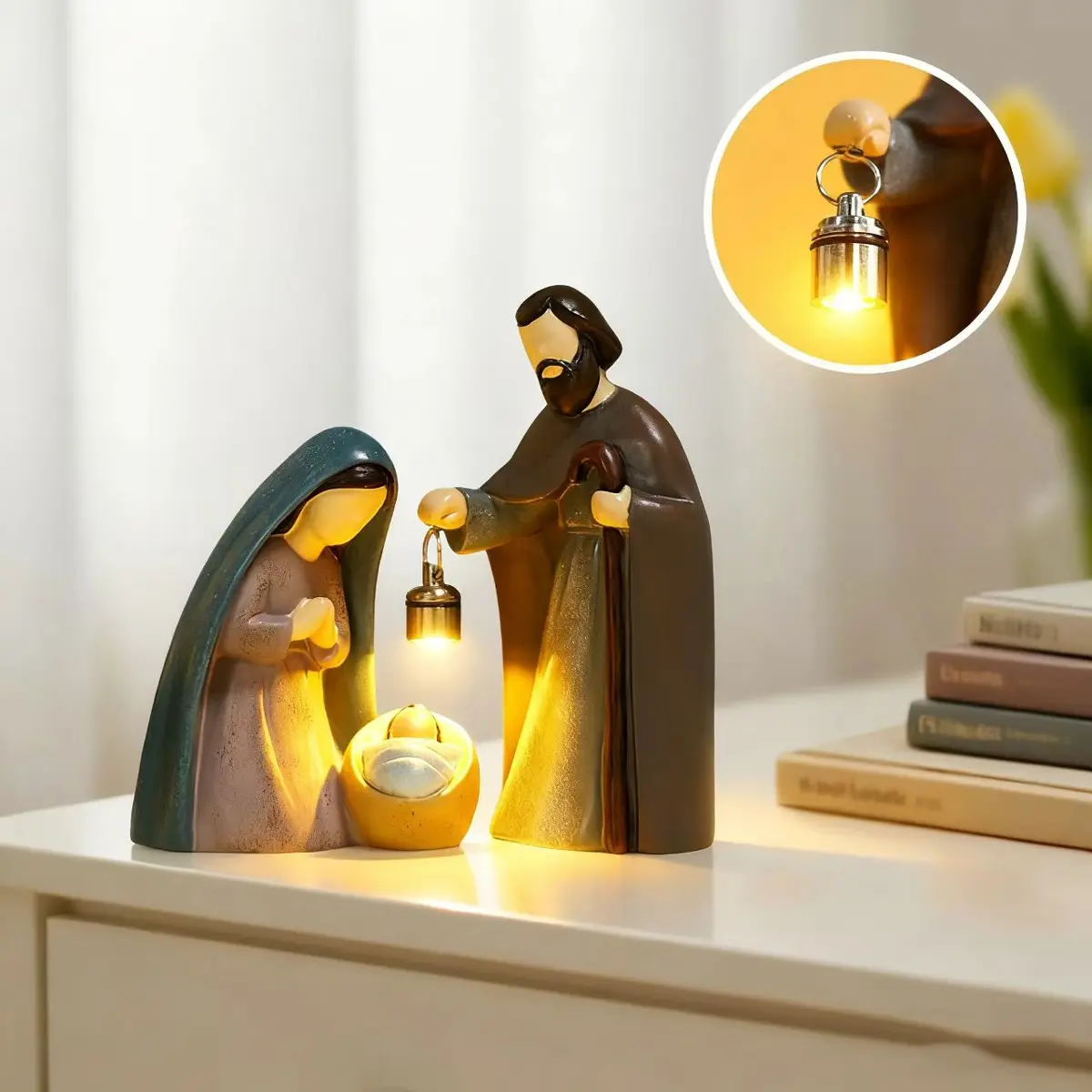 3-Piece Religious Family Lantern Set, Illuminated Handheld Lamps with Rotary Switch, Hand-Painted Resin Nativity Statue for Christmas and Thanksgiving Gifts