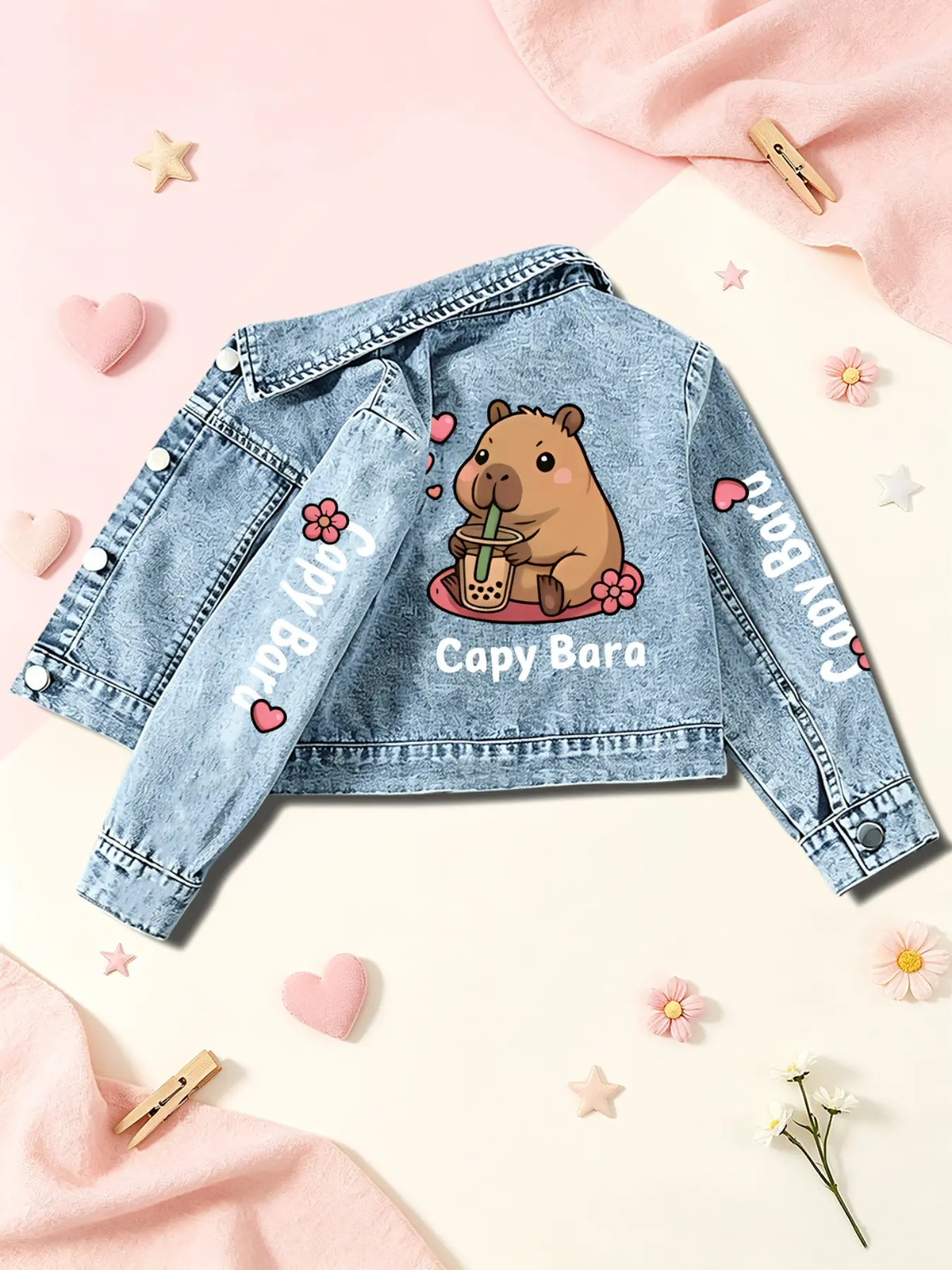 Girls' Denim Jacket, Cute Cartoon Print, Loose-Fit, Spring & Fall, Outdoor Activities, Ages 3-8, Ideal Gift, Casual Style, Jean Jacket Coat