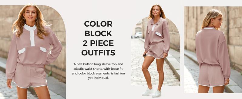 Fisoew Womens 2 Piece Outfits Sweatsuits Casual Snap Color Block Sweatshirts Running Shorts Sets Fall Loose Tracksuits FallFreshness
