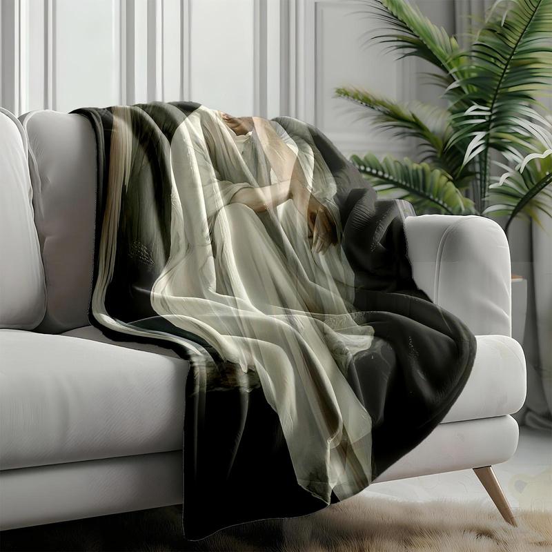 1 piece White-clad angel wings in contemplation themed flannel blanket - Oversized fluffy flannel sofa blanket, suitable for beds and sofas, modern design, all-season use, digitally printed pattern, 100% polyester material, machine washable
