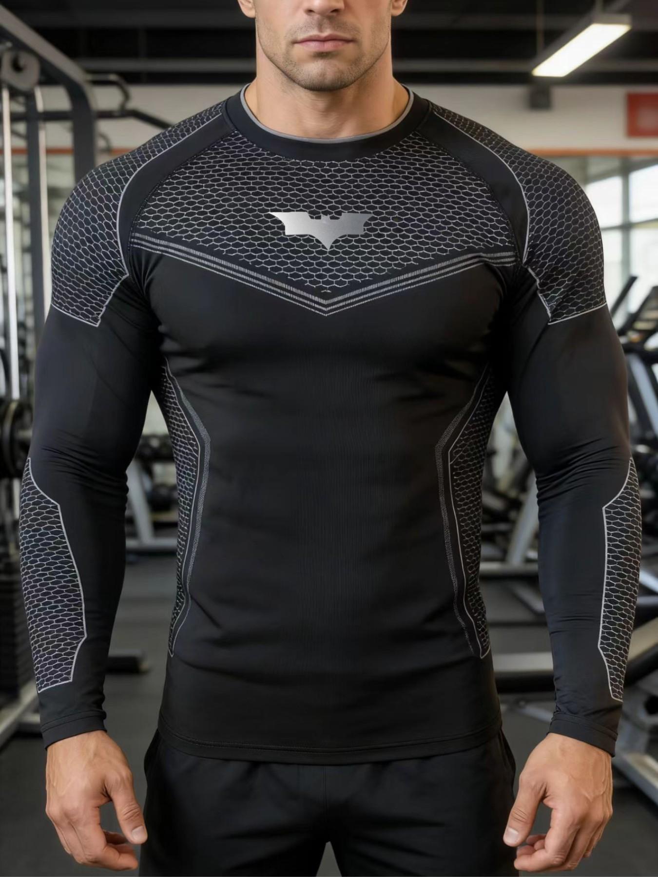 Men's Batman Sports Long Sleeve High Stretch Quick-Dry Fitness Tight Fit Running Ironing Essential, Sporty Style, All over Print, High Performance Activewear, Gym Athletic Clothes, Athletic Tops