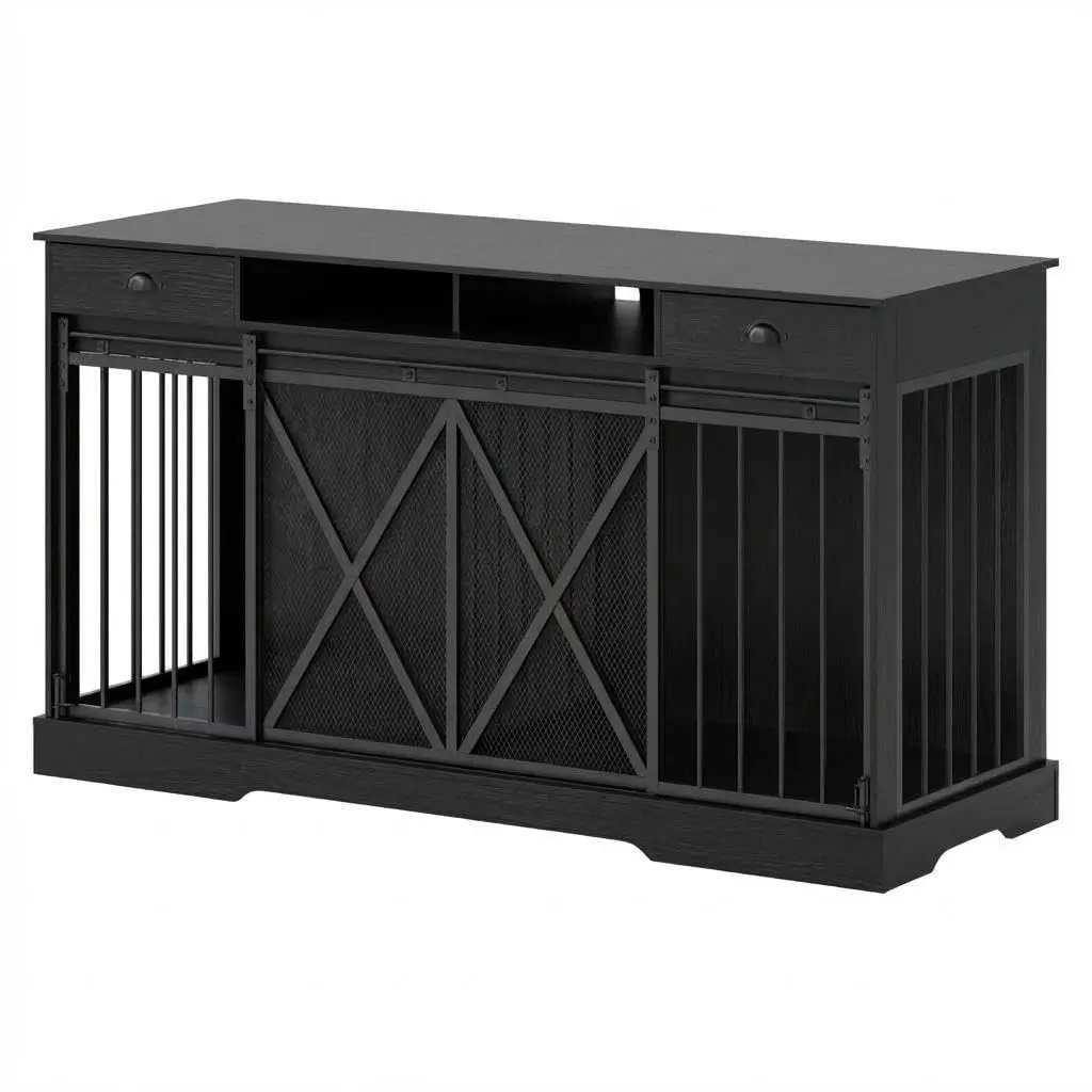 Garvee Furniture-Style Double Dog Crate for 2 Dogs, 63" Extra Large Wooden Indoor Kennel with Removable Divider - Sliding Doors - 2 Drawers & Open Shelves - Rustic TV Stand