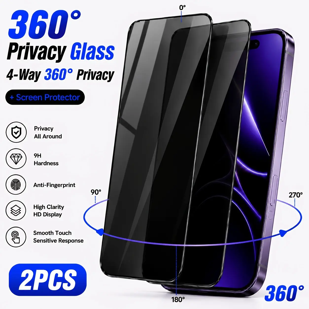 2-Pack Privacy Tempered Glass Screen Protector, High Definition Display, 360° Four-Way Anti-Peep Screen Film, Sensitive Touch, Full-Coverage Privacy Shield, Scratch Resistant, Compatible with iPhone 18 Pro Max/17 Pro Max/16 Pro Max/16 Plus/15/14/13/12/11