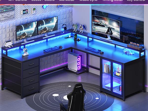 SEDETA L Shaped Gaming Desk with 4 Drawers, 109” Computer Desk with Display Cabinet, Home Office Desks with 2 Monitor Stands, CPU Stand, LED Lights and Power Outlet