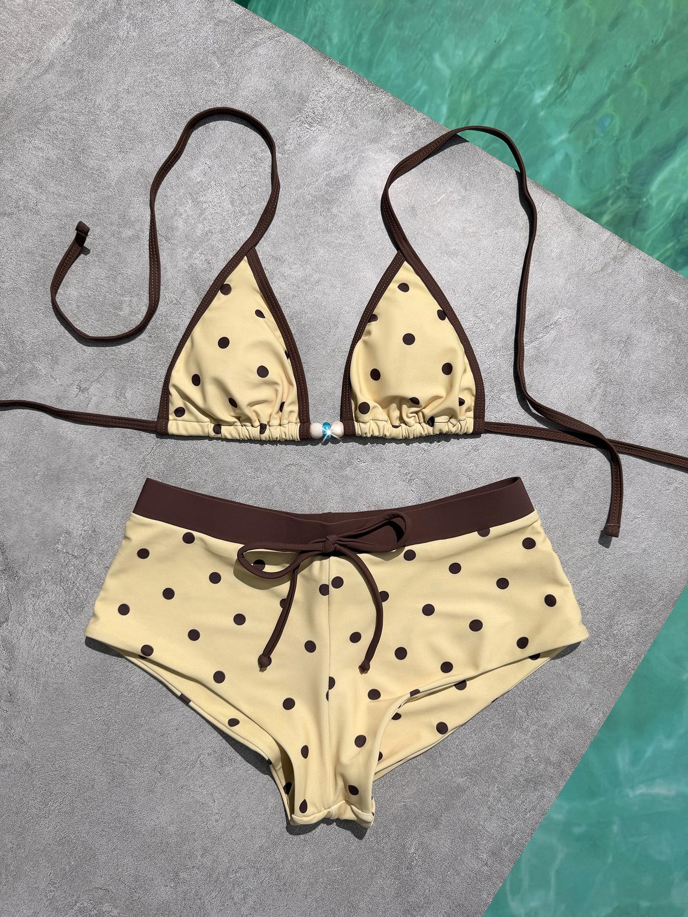 Women's Swimsuit Bikini Set Retro Yellow Polka Dot Print Vintage Color Block Summer Outfit for Beachwear & Vacation Y2k 2000s Streetwear