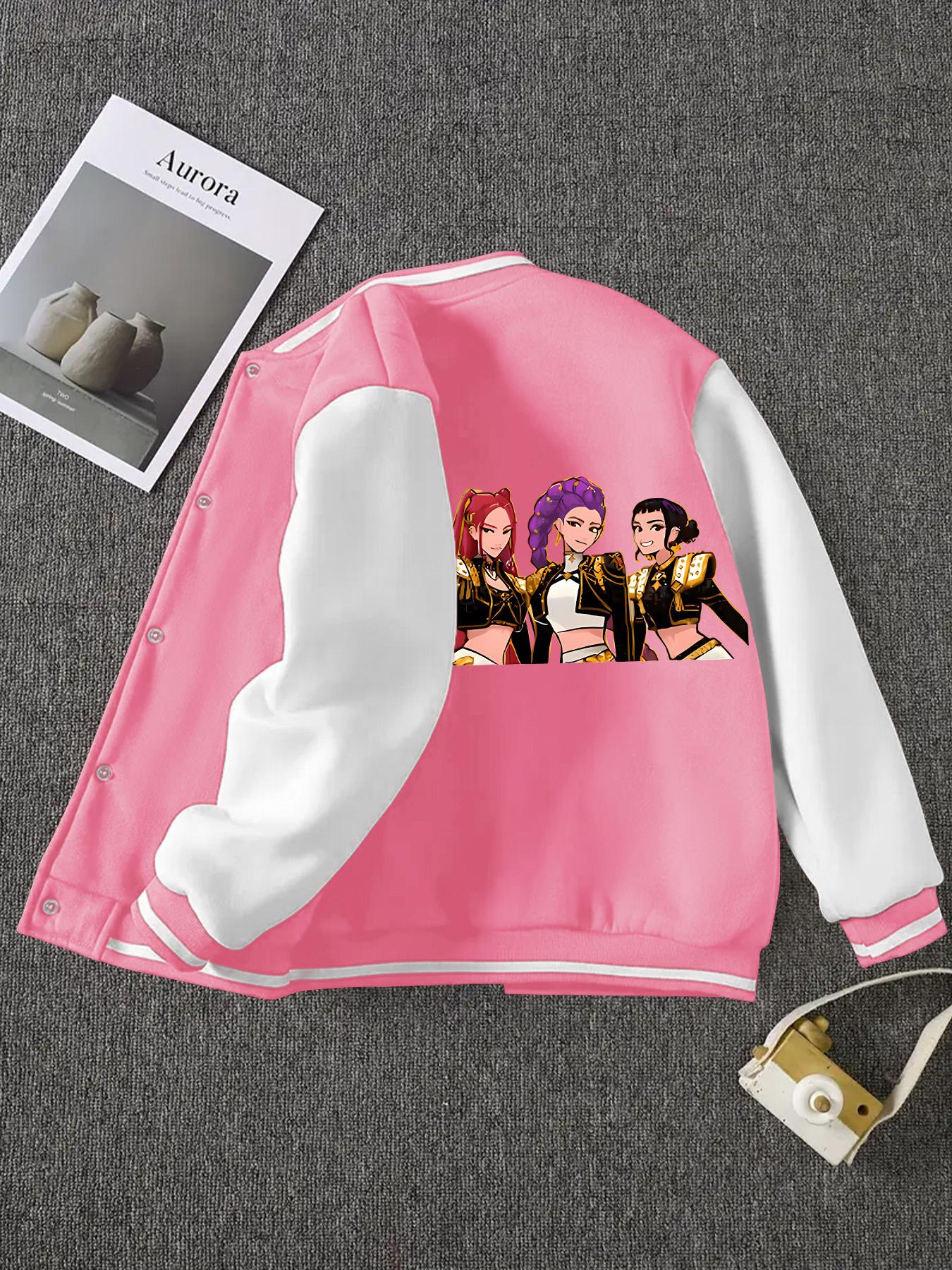 Girls' Spring & Fall Fashion Jacket, Casual Comfy Jacket, Cute Cartoon Kpop Print Baseball Coat, Fitted Moderate Fabric Casual Style Outerwear