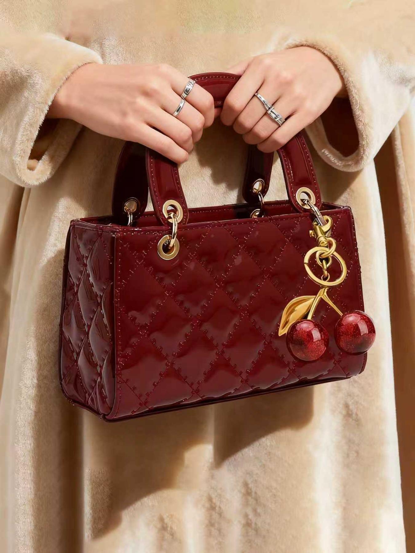 Fashion Cherry Pendant PU Handbag, Women's Small Square Bag, New Quilted Shoulder Bag, Versatile Crossbody Bag, Elegant Handbag