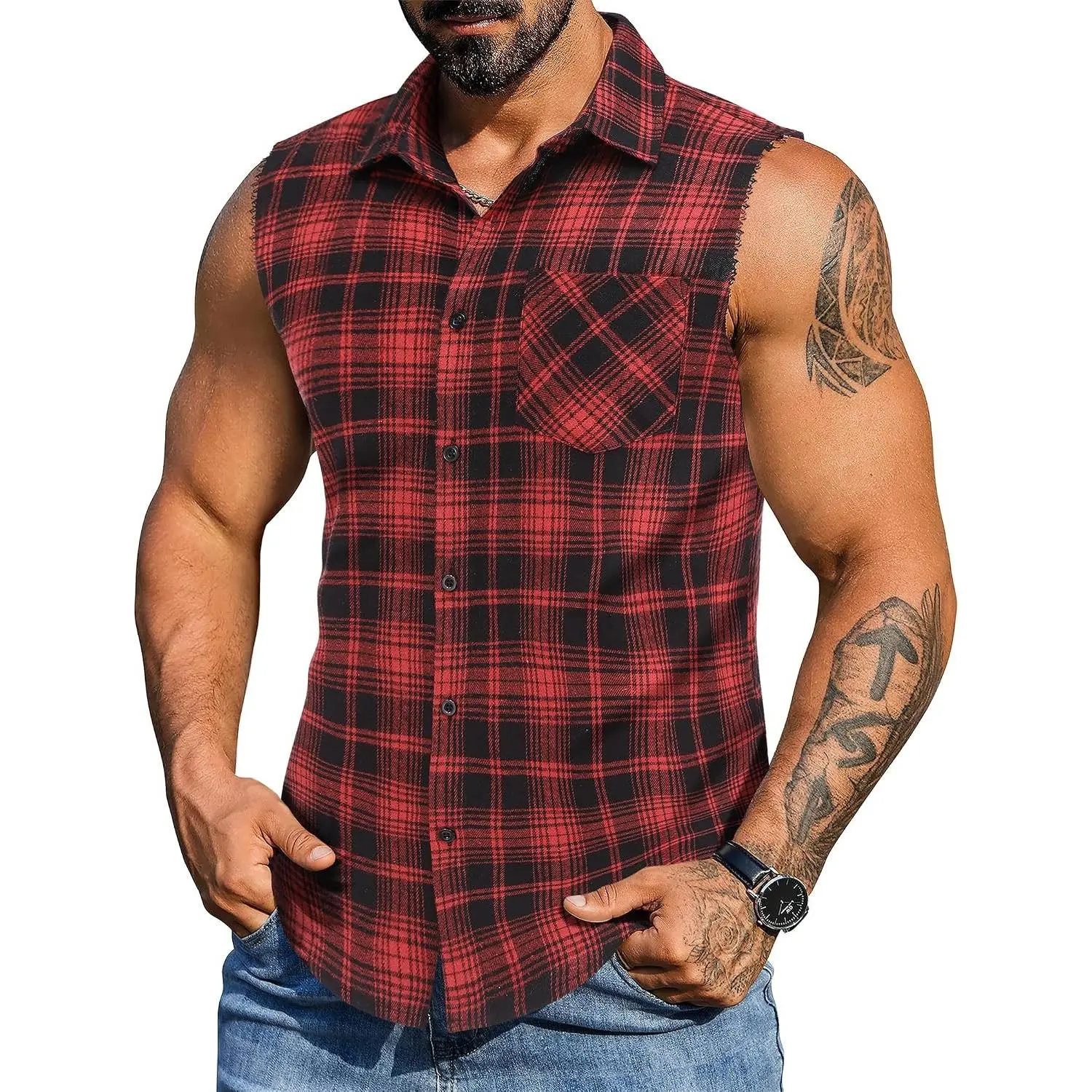 Men's Lightweight Sleeveless Flannel Button Up Plaid Shirt - Raw Edge Design, Casual Summer Beach Tank Top, Classic Buffalo Plaid, Chest Pocket, Daily Wear, Cowboy Costume, PartiesGift