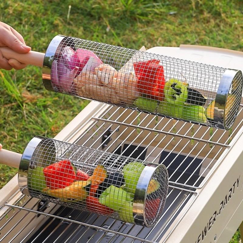 Upgrade BBQ Grill Basket, Portable Outdoor BBQ Net, Rotating Round Grill Tube, Ideal for Camping & Picnics, Durable Design