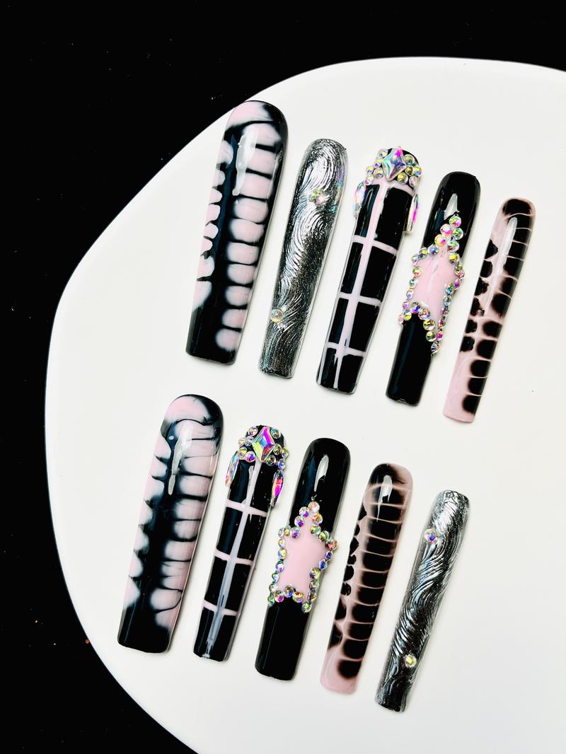 10Pcs Handmade Press on Nails Long Square Goth Acrylic Black Pink Nail Supplies Fake Nails Stickers Y2K Cute Suitable For Girls And Women Festivals Parties  Gems Stuff French Gems Stuff Salon Quality Rhinestone Rhinestone Embellished