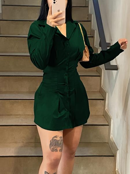 Women Solid Color Button-Up Mini Dress with Asymmetrical Hem, Elastic Ruffled Waist Design for Casual and Party Wear, Trending Style for Teen Girls