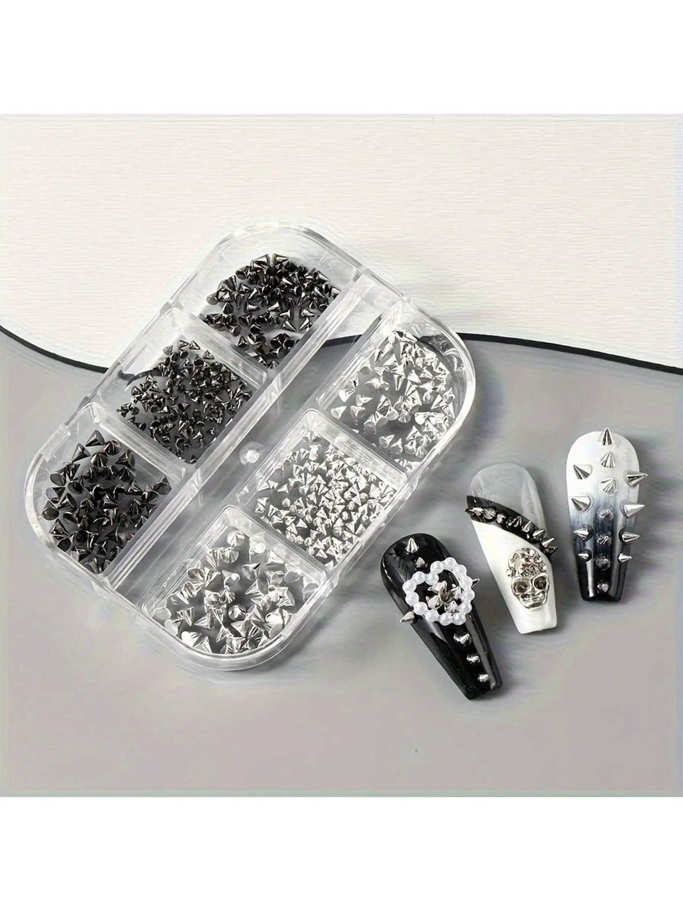 6 Grids Punk Cone Spike Nail Charms, Black & Silver Gothic Nail Stud Decor, 1.5-3.5mm Mini Metal Rivets for Nail Art