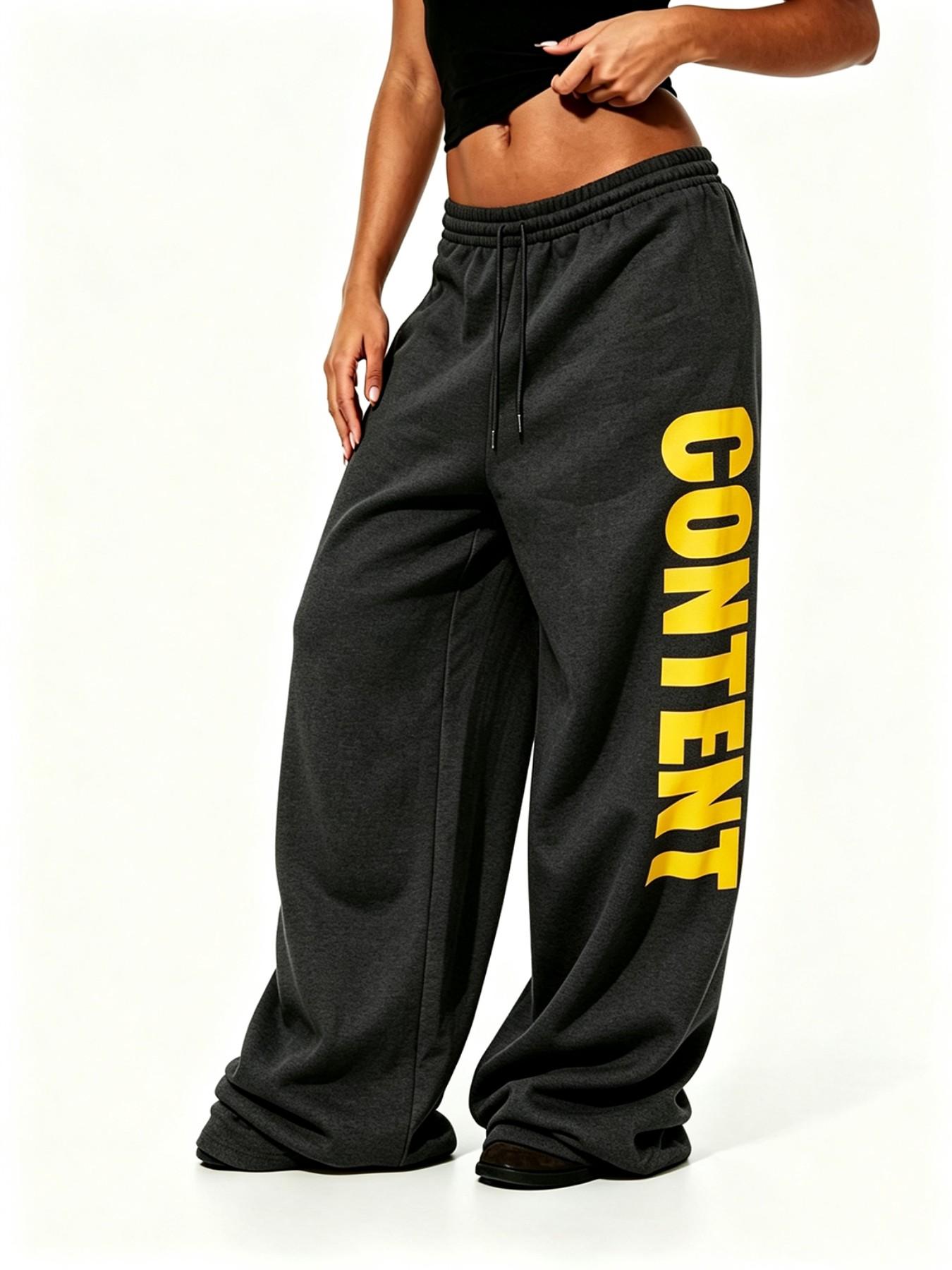 Vertical Letter Graphic Elastic Waist Wide Leg Sweatpants Y2K Streetwear / Street Shooting / Casual Hangout / Hip‑Hop Party Oversized Baggy Relaxed Fit Loose Drape Women Fashion Printed Casual Trousers