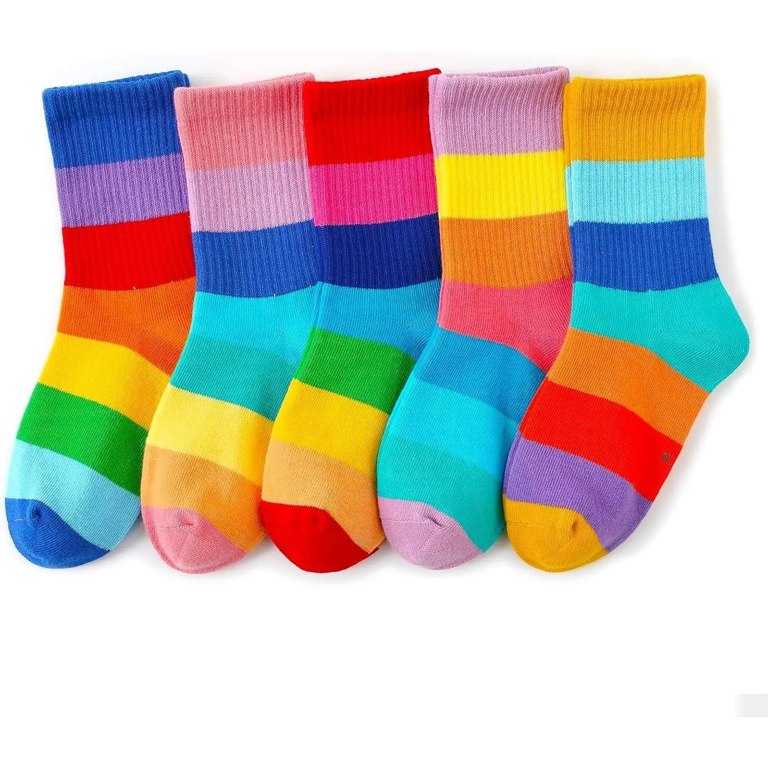 Kids Crew Socks Seamless Boys Girls Rainbow Stripes Socks Cotton Athletic Sock Unisex Cute Fun Boot Sock 5 Pairs
