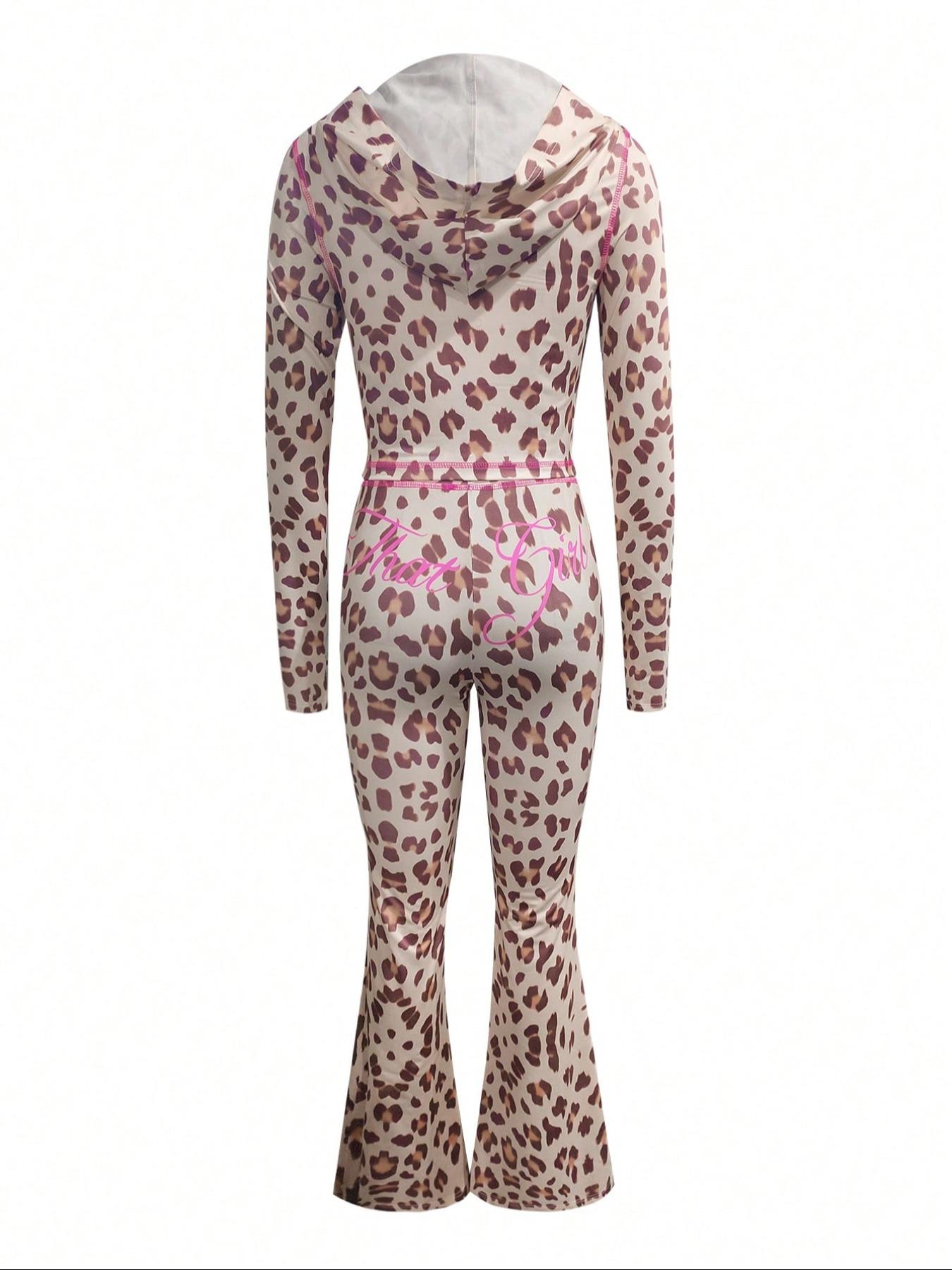 Women's Leopard Print Zip Up Hooded Jacket & Flared Leg Pants Two-piece Set, Casual Long Sleeve Outerwear & Bell Bottom Trousers for Daily Wear, Ladies Summer Clothes Valentine's Day, gift, Fall outfit