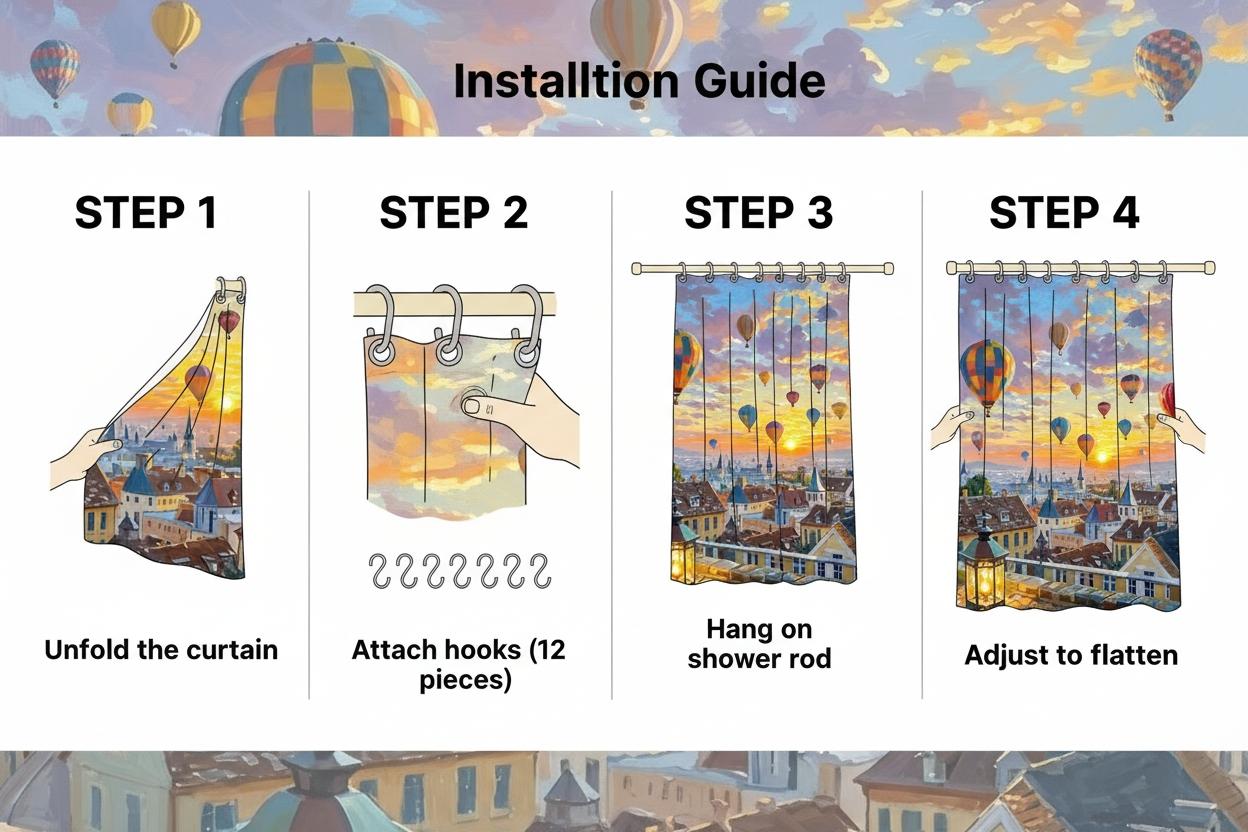 Vintage Hot Air Balloon Bath Curtain, Dreamy European Town Design, Soft Polyester, High-Definition Print, Romantic Bathroom Decor