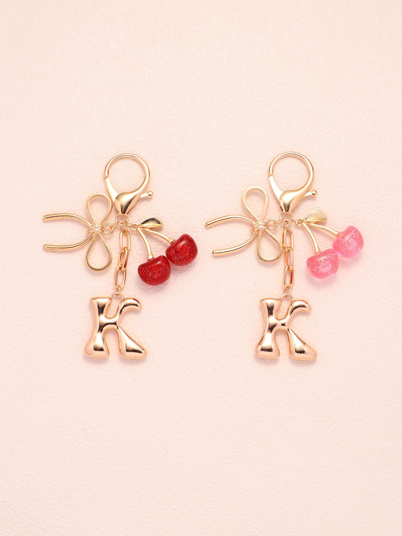 2pc Bubble Letter A-Z Keychains, Cute Initial Pendants, Metal Butterfly & Acrylic Cherry Decor, Personalized Bag Charms