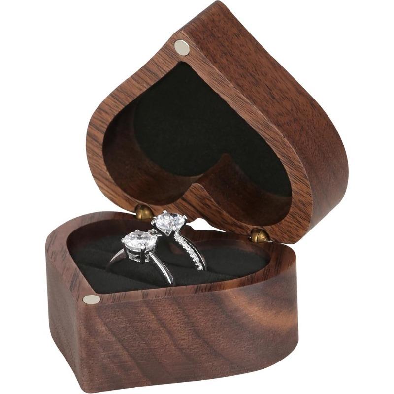 Wooden Heart Shape Ring Gift Box, Personalized Vintage Wood Jewelry Box, 2 Slot, for Proposal, Engagement, Wedding, Anniversary