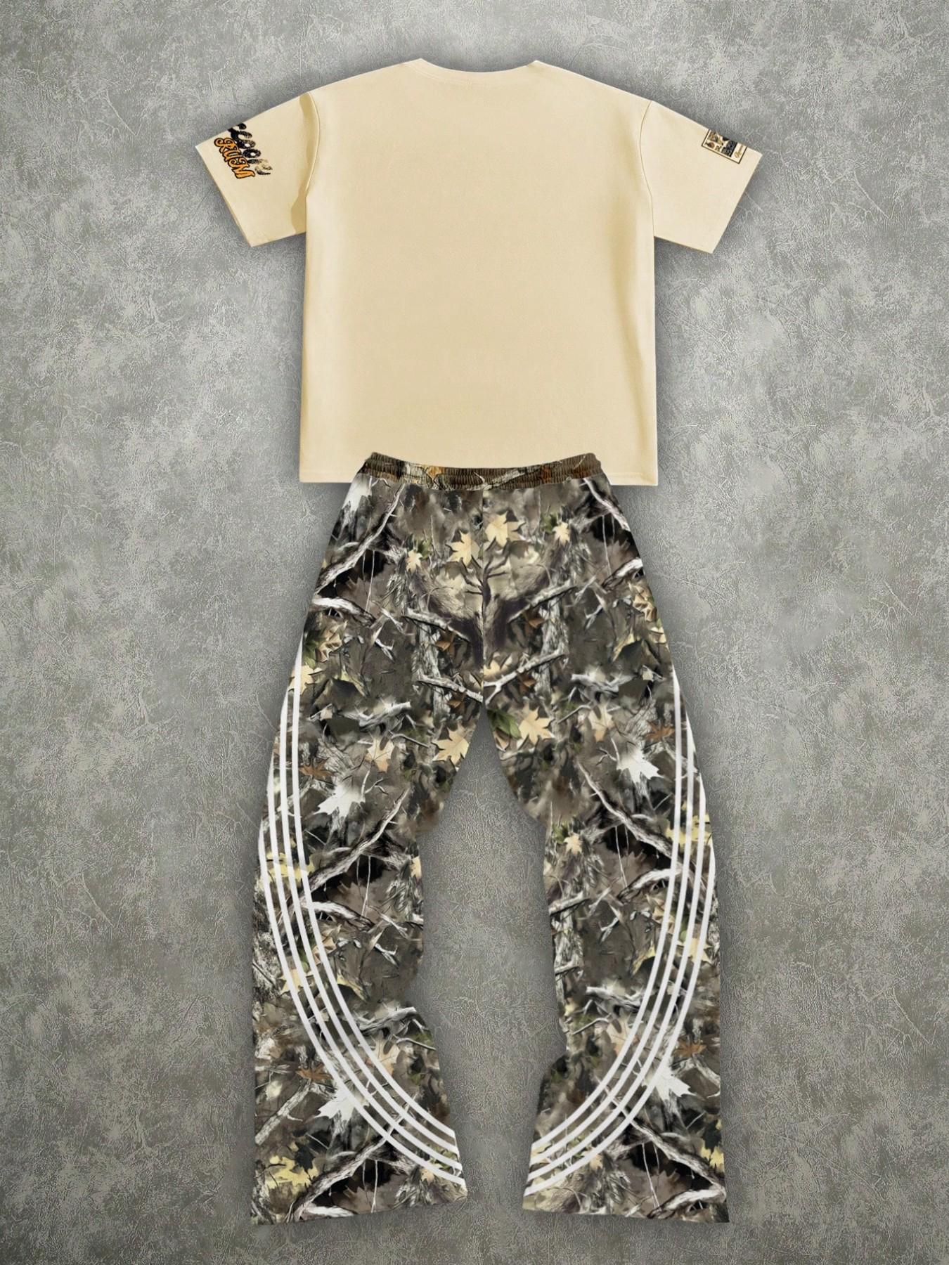 "Men's 22 Raccoon Rum Racing Graphic 2 Piece Set, Oversized Short Sleeve T-Shirt & Camo Tree Print Flared Pants Streetwear for Daily Wear and Street Style"