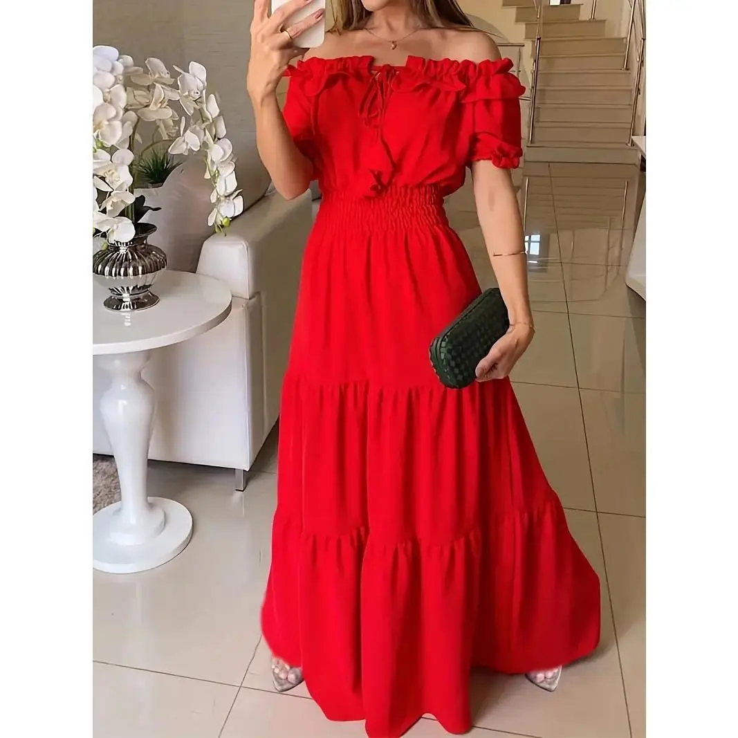 Women's  Off Shoulder Ruffled Bubble Sleeve Maxi Dress -Elegant Tiered Long Summer Dress with Elastic Waist Casual Wear kenzie island pink dress