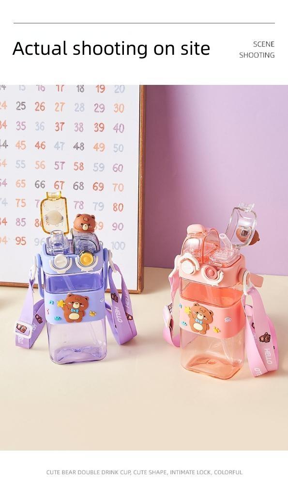 UFORU Cartoon pattern children's drinking cup 1 large capacity water bottle two drinking methods home office school drinking cup with straw lanyard children's gift Cute Tumbler Wide Mouth Set Reusable Drinkware Portable