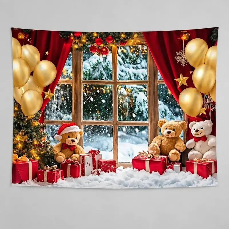 1pc 2D Flat Print Banner, Christmas Teddy Bear Backdrop with Snowy Window, Red Curtains, Gold Balloons, Gift Boxes and Holiday Tree Design, Photo Backdrop for Portrait Photography and Event Decor