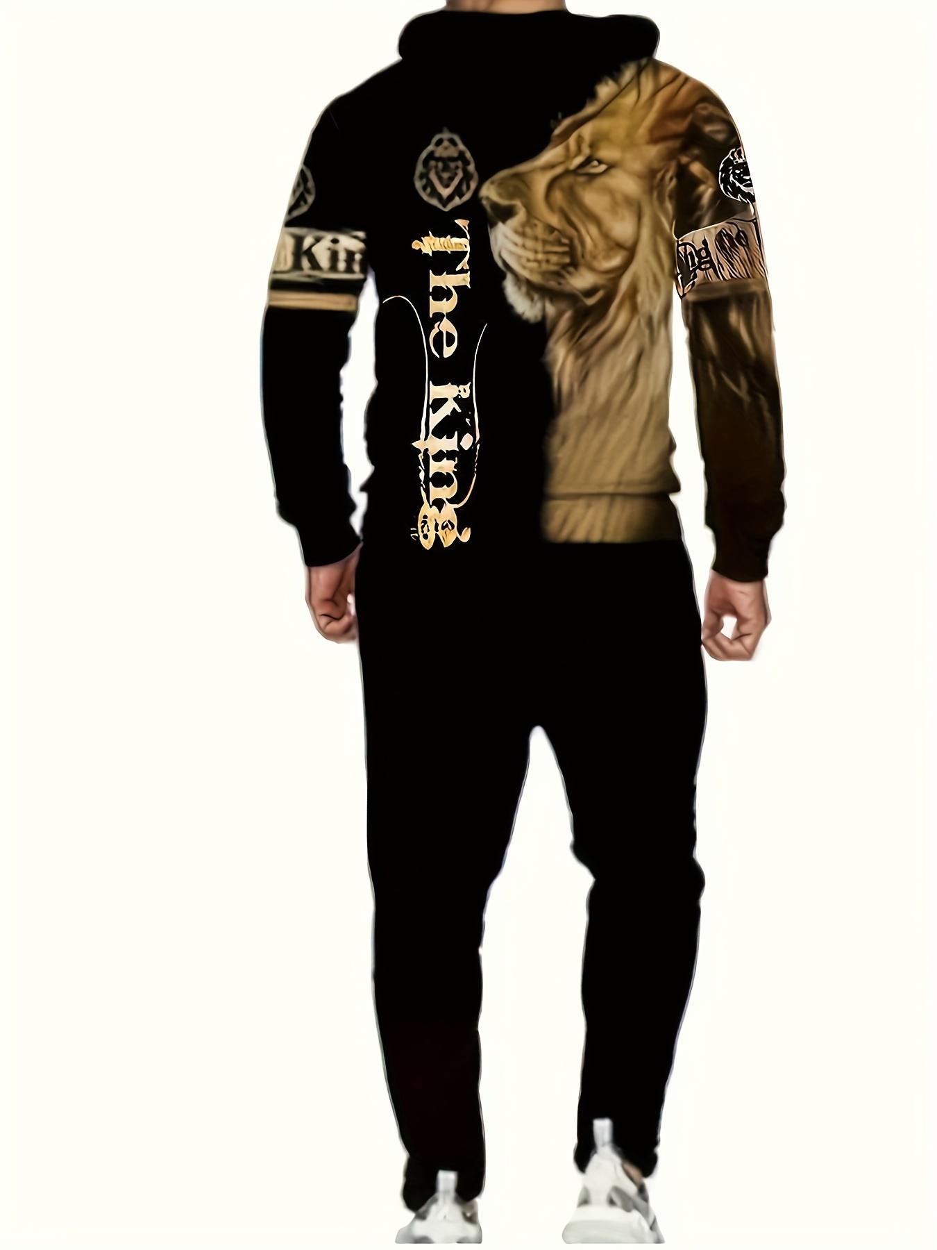 2-piece men's casual lion print hoodie and sweatpants set -3D digital animal pattern knitted sweatshirt hoodie+pants set
