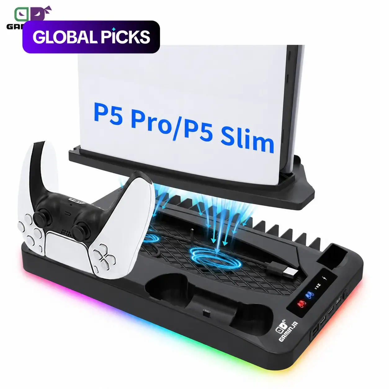 GAMINJA P58 Charging Base Cooling Bracket Compatible With PS5 Console, Vertical Stand Cooling Fan, Multi-functional Cooling & Charging Station for PS5 Slim Pro All Model Universal