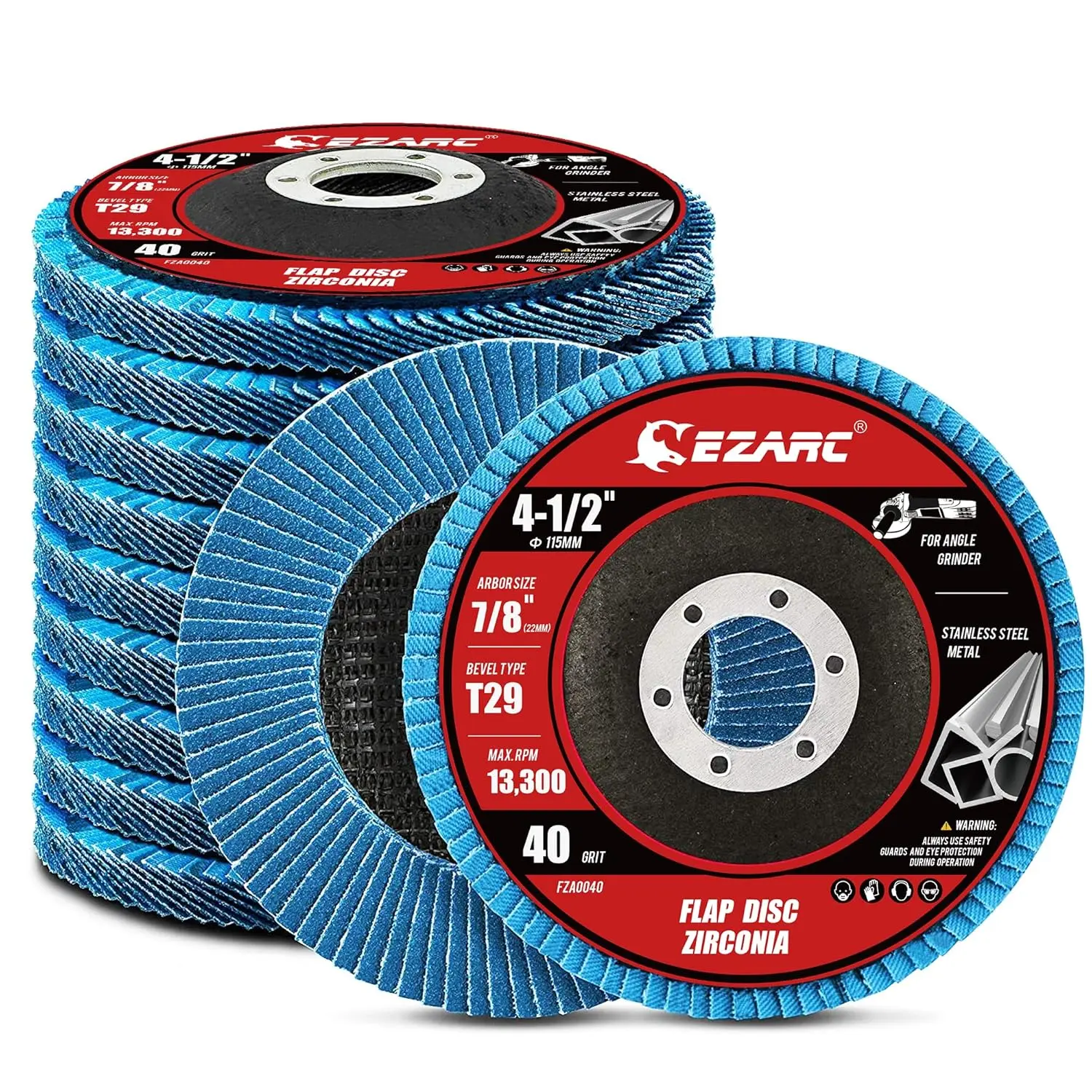 Zirconia Flap Discs 40 Grit, 4-1/2 x 7/8-Inch, Type 29, 10-Pack| 40 Grit, Zirconia Abrasive, Type 29, for Stock Removal, Weld Grinding, Deburring, Sanding and Rust Removal