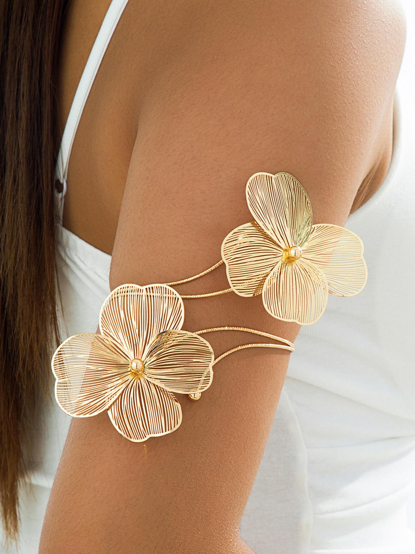 Gold Openwork Floral Bracelet — Women's Upper Arm Cuff | Personalized, Stylish Accessory & Gift for Festivals and Parties | Gold Bohemian-Style Jewelry