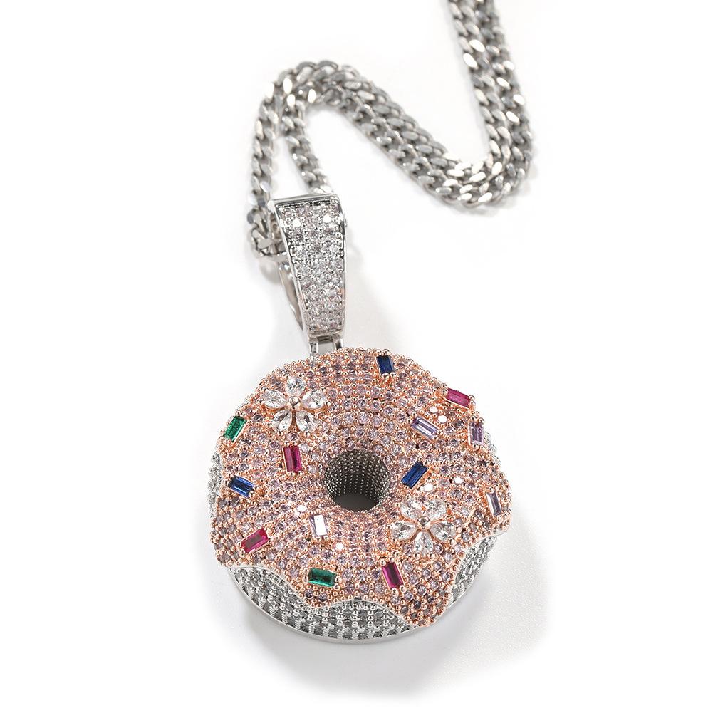 Loveden Hip Hop Iced Out Colorful Donut Pendant Necklace, Full Micro Pave Cubic Zirconia Donut Charm, Trendy Brand Quirky Streetwear Jewelry, Unique Fun Fashion Accessory, Unisex Statement Ornament for Men Women, Ideal for Daily Outfits, Club Party & Casu