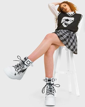 Goth Boots Holographic Combat Platform Boots for Women Knee High | Rave Style Mid Calf Boots, Lightweight Wedge Boots, Lace Up & Zipper Closure, Wide Toe Box, All-Day Comfort Wear for Concert