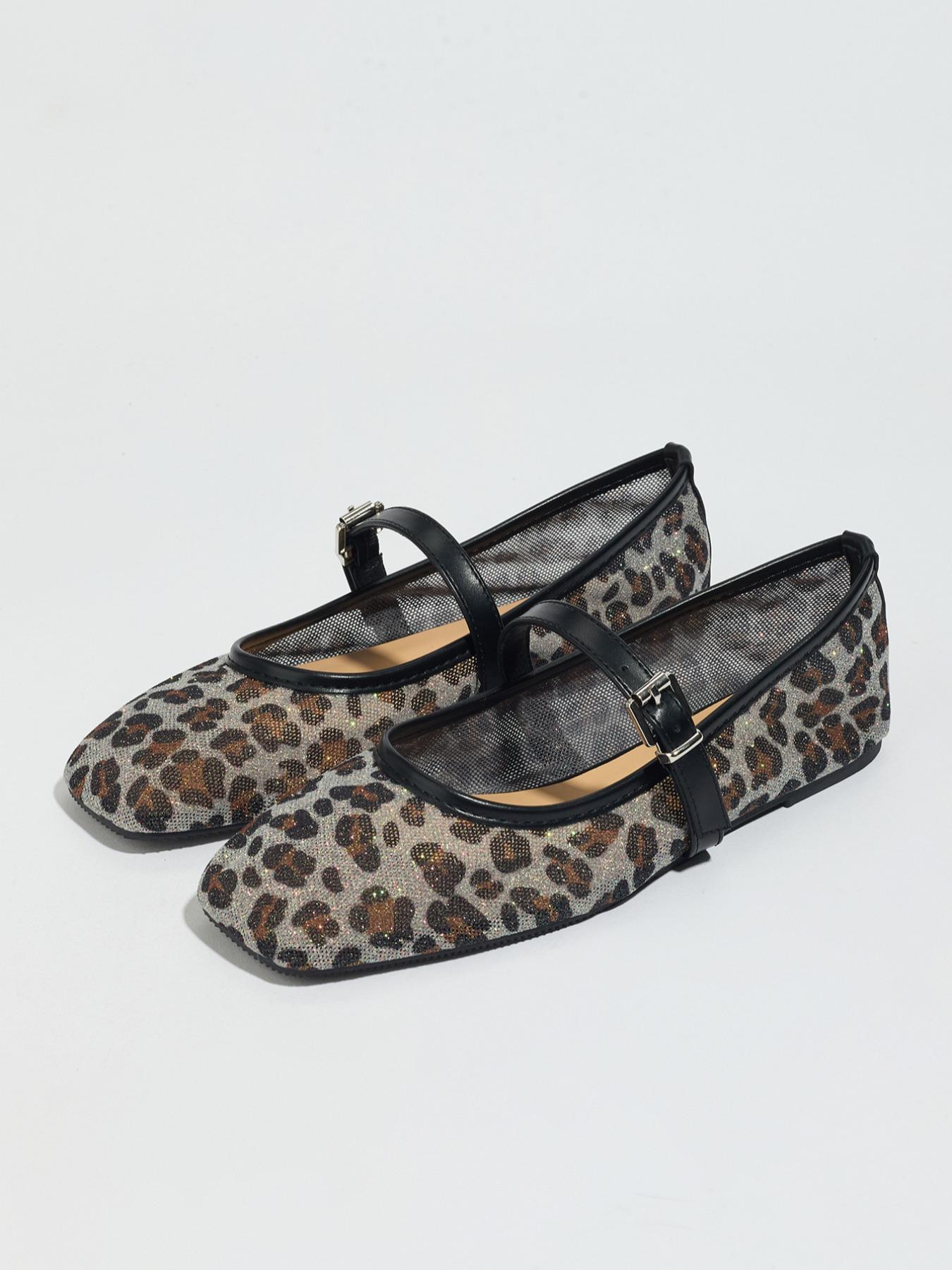 Women's Leopard Print Slip-On Netted Ballet Flats, Breathable Mesh Square Toe Mary Jane Shoes, Lightweight Comfortable Casual Sandals Women's Leopard Print Slip-On Netted Ballet Flats, Breathable Mesh Square Toe Mary Jane Shoes, Lightweight Comfortable Casual Sandals