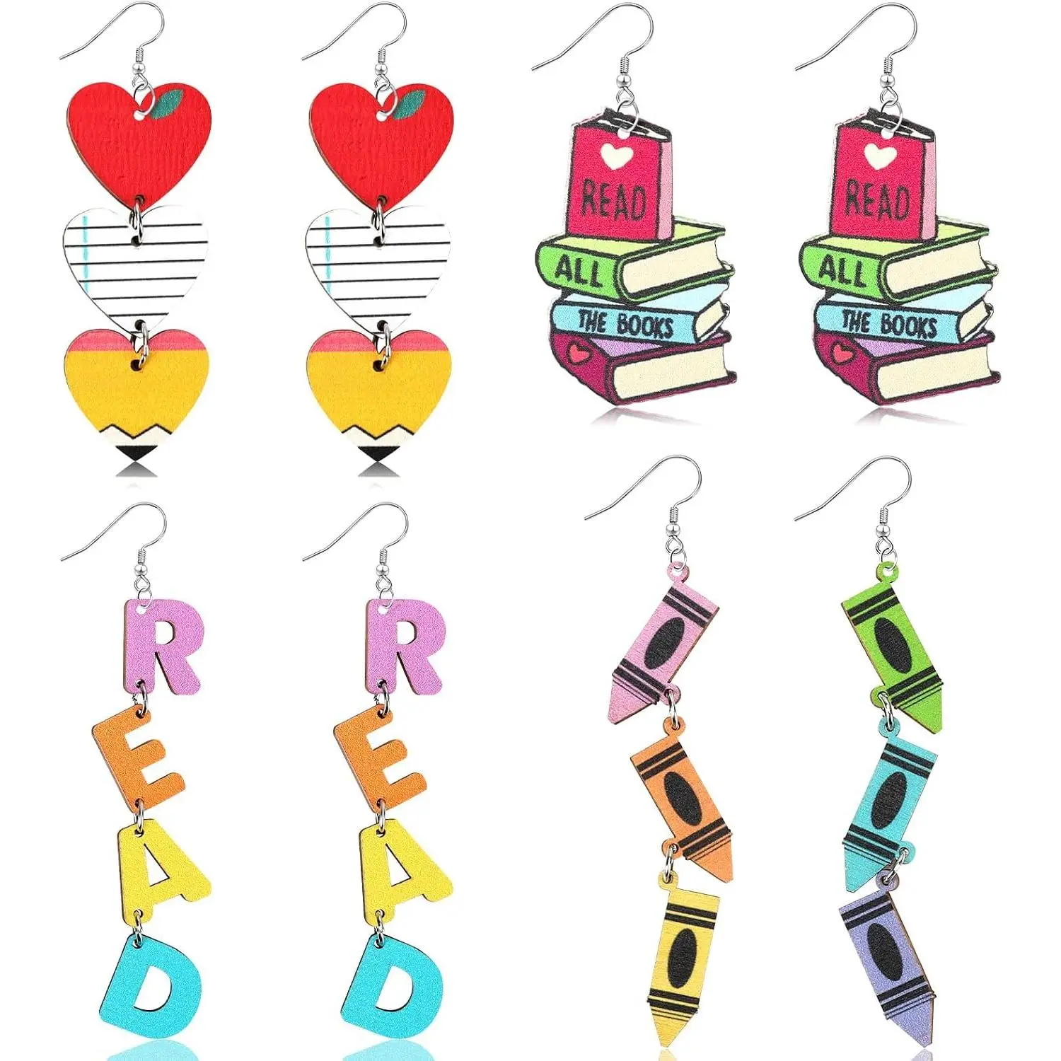 4 Pairs Teacher Earrings for Women, Pencil Book Reading Wooden Earrings | Graduation Teacher's Day Gratitude ,  to School , Teacher  Pendant Earrings