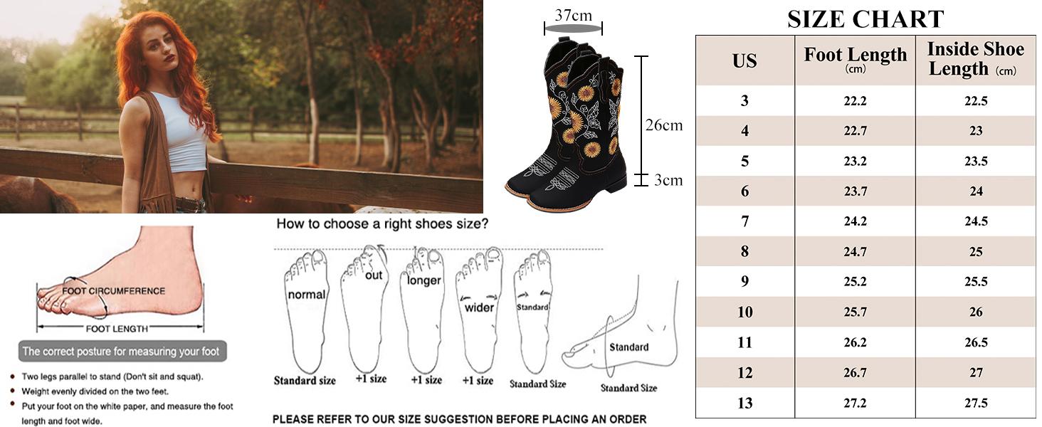 Gloryinterest Western Cowgirl Boots for Women Sunflower Embroidery Square Toe Low Heel US3-11.5 Comfortable Stylish Durable All Season Fashion for Country Music Festivals Rodeos Retro Theme Party Festival Celebrations Daily Wear
