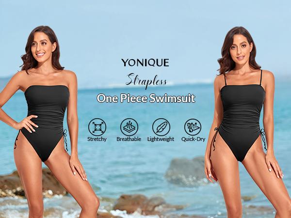 Yonique Women Strapless Tummy Control One Piece Swimsuit Bandeau Bathing Suit Cheeky Swimwear