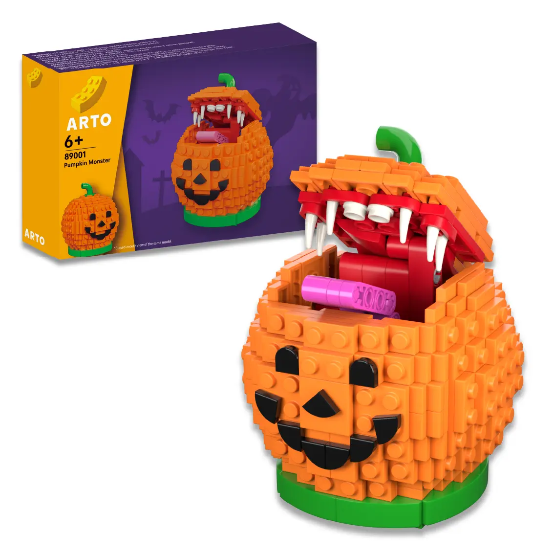 Pumpkin Monster Building Set, Gift for Halloween,  Jack-o'-Lantern Brick Kit with Hidden Fangs & Tongue, for Kids Boys Girls Teens Ages 6+, Spooky Home Table Desk Decor Aesthetic