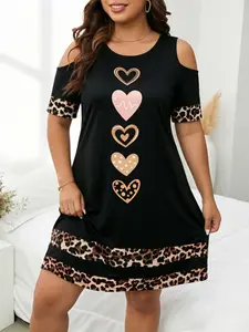 Plus Size Women's Leopard & Heart Pattern Round Neck Cold Shoulder Short Sleeve Loose Dress, Boho Sundresses, Womenswear, Fashion Casual Wear for Summer
