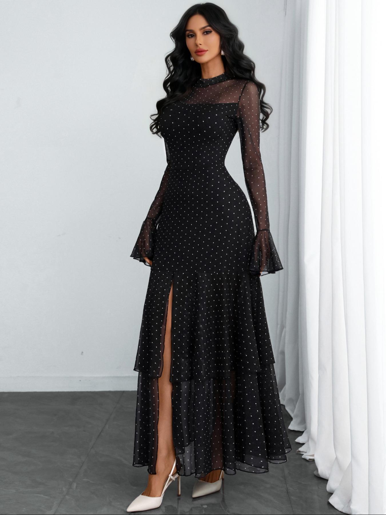 Women's Romantic Polka Dot Split Mesh Patchwork Layered Elegant Flared Skirt Dress, Fitted Style, All Seasons, No Waistband Included