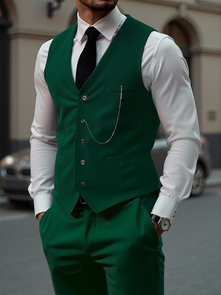 Two-Piece Set Men's Solid Button Front Suit Vest & Pocket Pants Suit Set, Chain Decor V Neck Top & Trousers, Men's Formal Outfits for Work Office Business