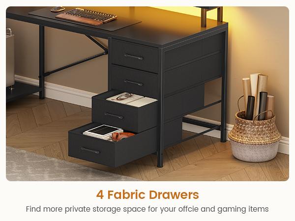 SEDETA 47.2 Inch L Shaped Desk with 4 Drawers and Storage Shelves L Shaped Gaming Desk with LED Lights Power Outlets