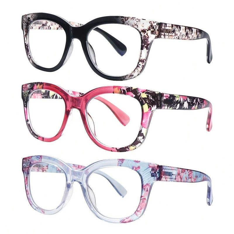 DEAAOK 3-Pack Fashionable Reading Glasses Blue Light Blocking Square Computer Readers For Women Dpring-Loaded Hinge