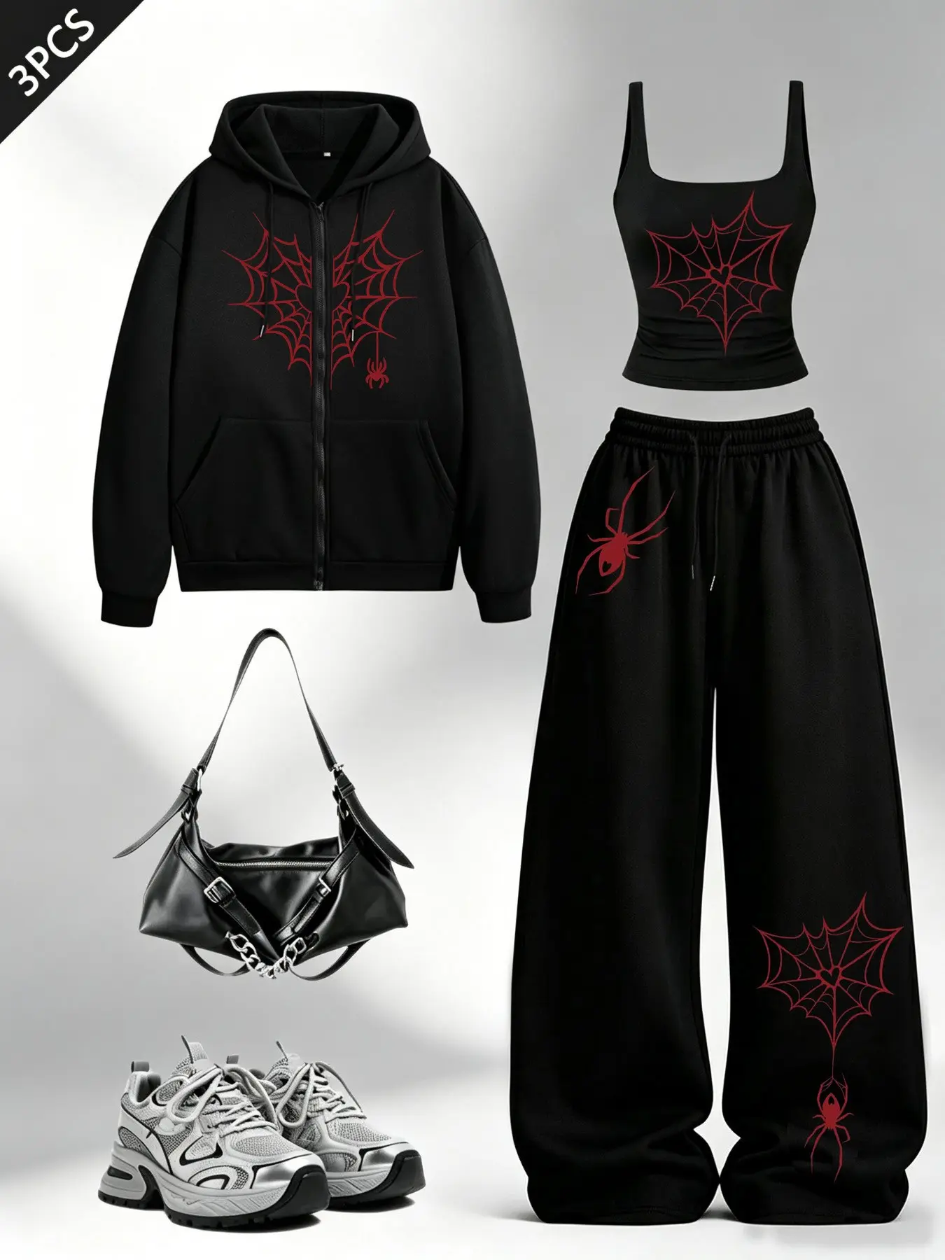 Women 3PCS Y2K Dark Goth 3 Piece Outfit Set, Zip Up Hoodie + Cami Crop Top + Wide Leg Sweatpants, Red Spider Web Graphic Print Grunge Streetwear Casual Matching Tracksuit