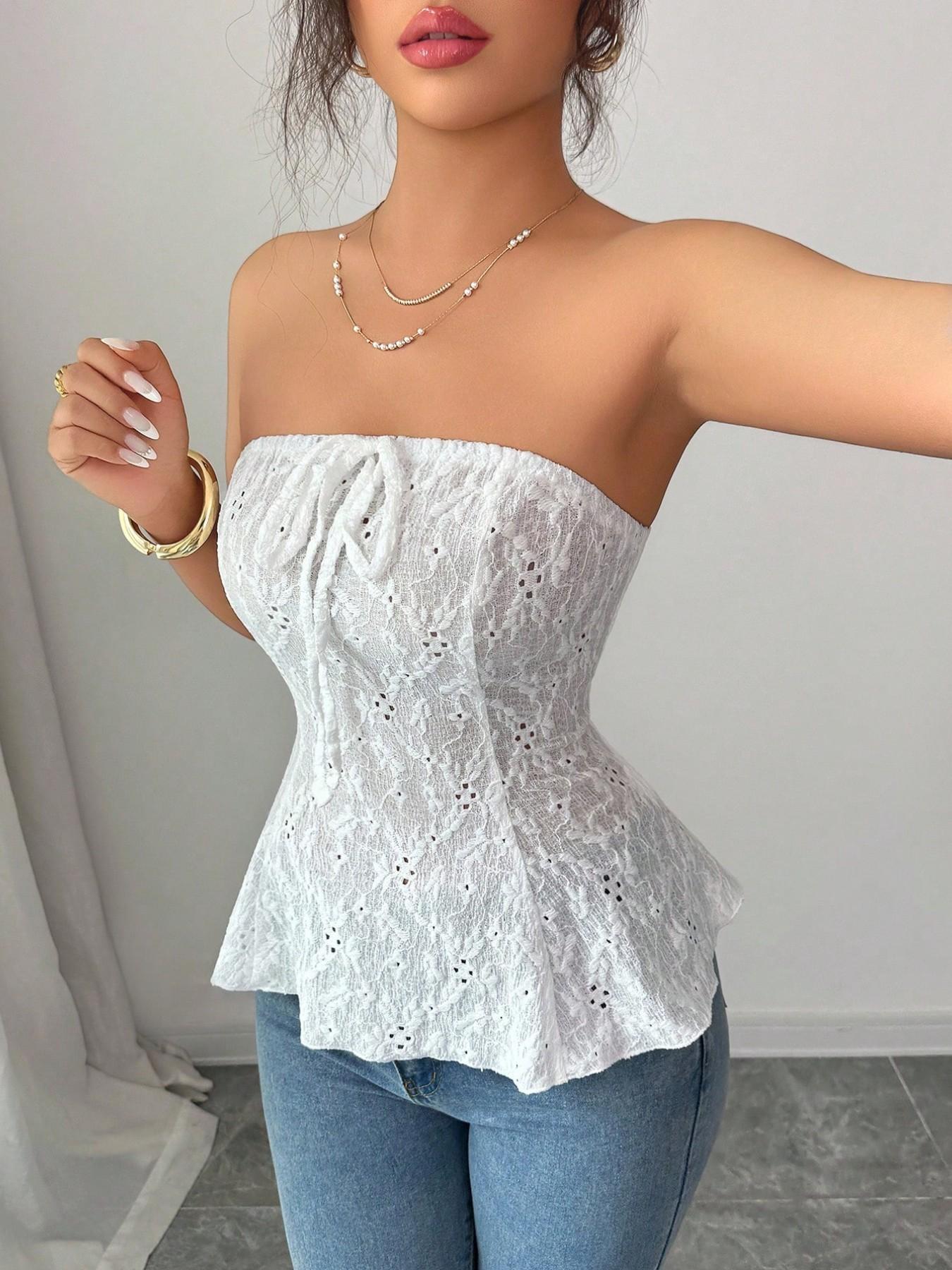 Elegant French-Style Chic Mesh Crop Top for Women, Sweet Ribbon Bow Hollow Out Slim Fit Tank Camis, Summer Beach Vacation Look, High Elasticity One-Shoulder Short Shirt