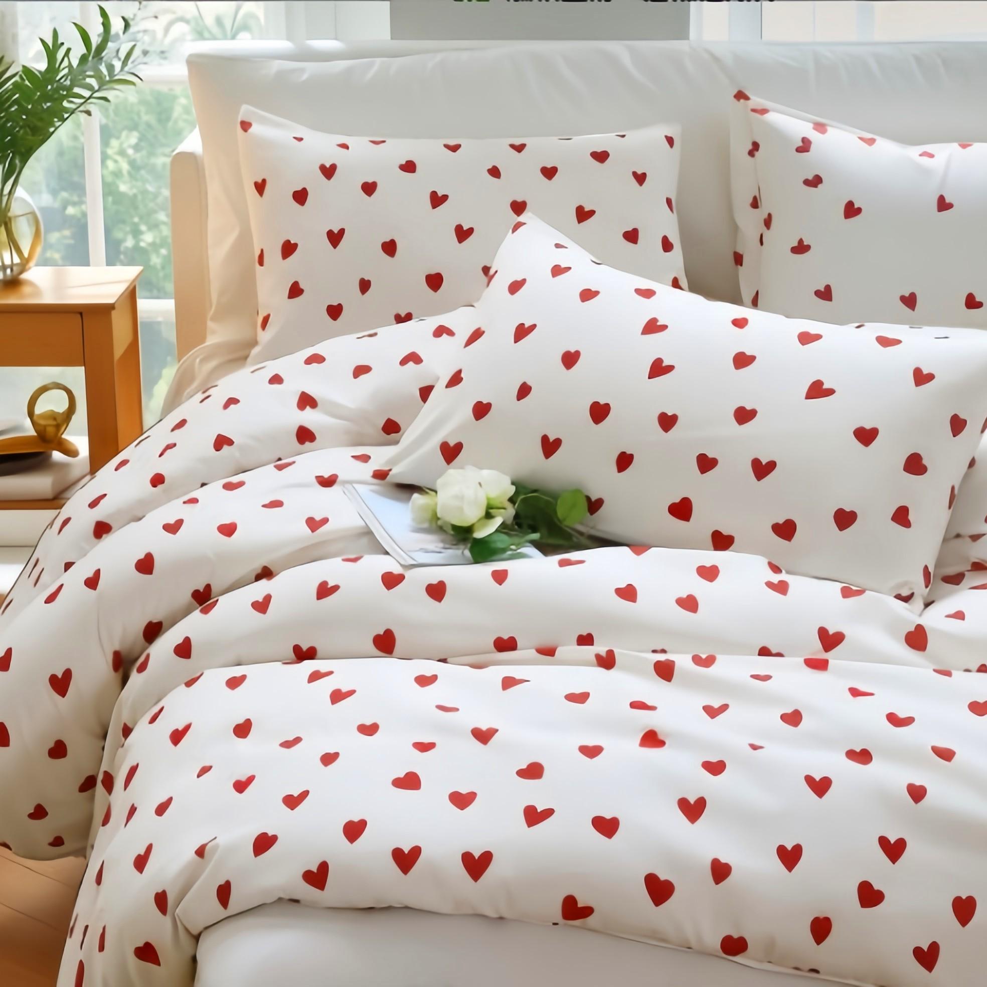 3-Piece Red Small Heart Print Duvet Cover Set, Includes 1 Duvet Cover and 2 Pillowcases (Without Insert), Soft and Comfortable, Machine Washable for Easy Care, Ideal Gift.