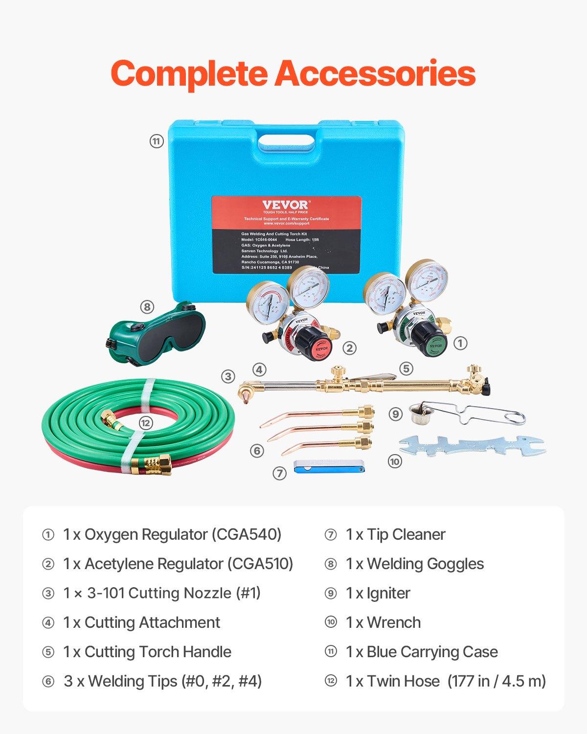 VEVOR Oxygen Acetylene Torch Kit, Gas Welding Cutting Torch Kit, 14PCS Portable Oxy Acetylene Brazing Set with 177'' Long Twin-Hose, Cutting Nozzle, 3 Welding Tips Carry Case (without Gas Cylinder)