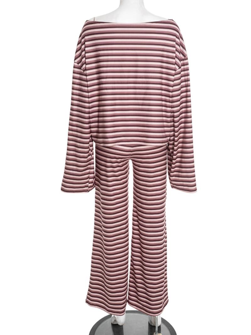 Women's Fashion Casual Striped Long Sleeve Top + Pants Two-Piece Set, Comfortable Trendy Spring & Fall, Perfect for Daily Wear