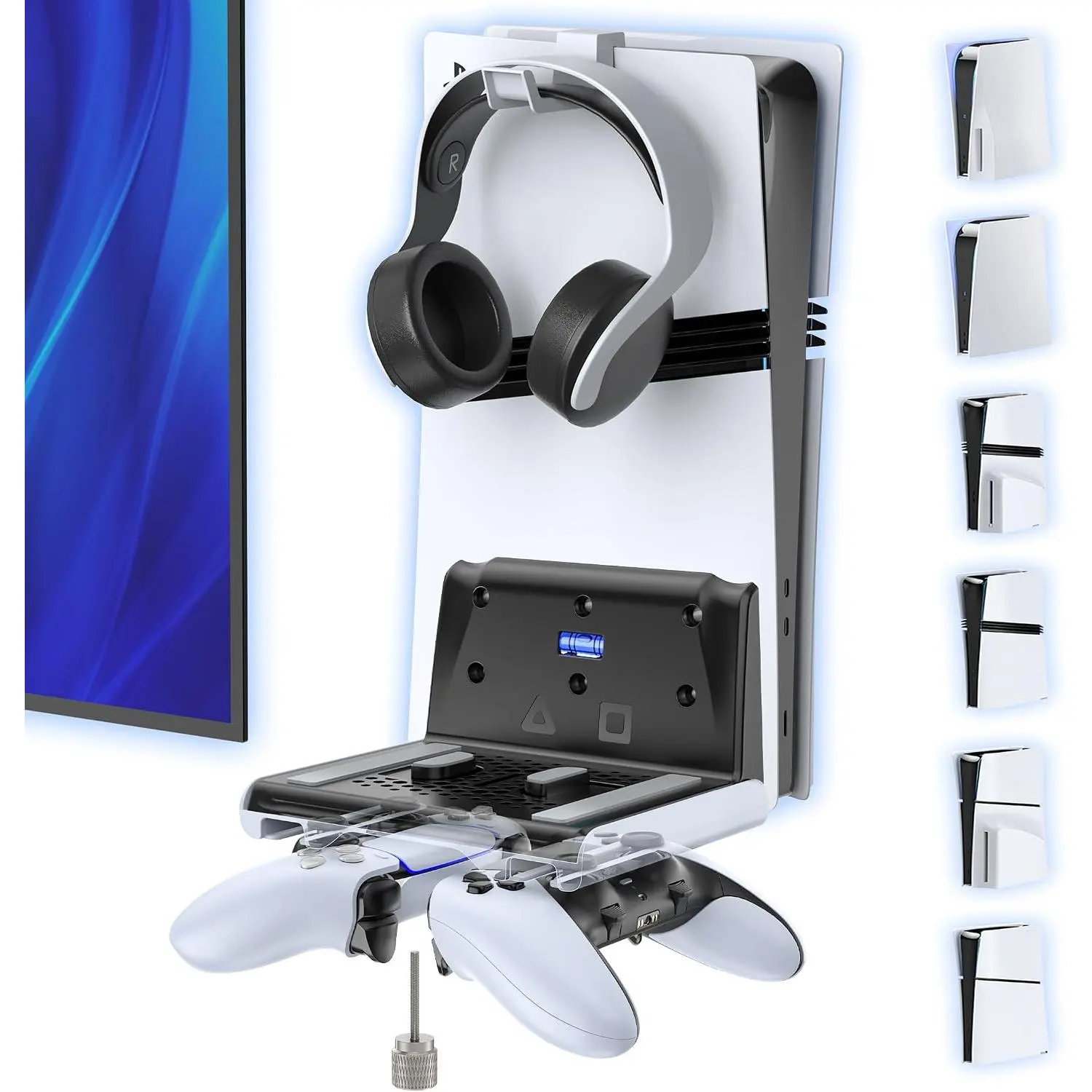 P5 Wall Mount Kit with Controller Holder Compatible with P5/Slim/Pro Disc & Digital, Pa5 Mount Floating for Gaming Accessories, Compact Pa5 Vertical Wall Shelf Organizer Bracket with Headphone Hook