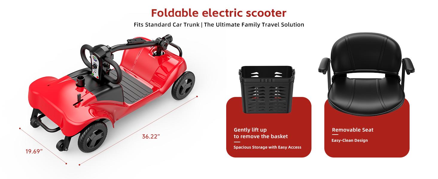 4 Wheel Mobility Scooter for Seniors&Adults- 25 Miles Range, Foldable Powered Electric Wheelchair Device w/600WH Battery,Only 8 lb Weight, Dual Basket, 300 lb Capacity, Compact,Red