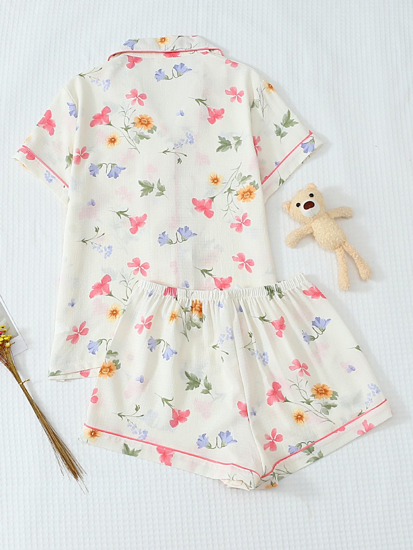 Women's Short Sleeve Button Down Top and Shorts Pajama Set, Spring Summer Wear, For Forest Style Literary Girls, Cream Base Natural Ditsy Floral Print, Classic Lapel Collar, Loose Fit, Comfortable For Home & Short Trips